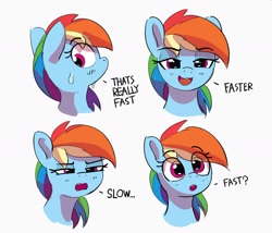 Size: 1692x1447 | Tagged: safe, artist:pabbley, derpibooru import, rainbow dash, pegasus, pony, bust, dialogue, expressions, eye clipping through hair, eyebrows, eyebrows visible through hair, female, lidded eyes, mare, narrowed eyes, open mouth, open smile, simple background, smiling, solo, sweat, sweatdrop, white background