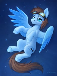 Size: 1500x2000 | Tagged: safe, artist:scheadar, derpibooru import, oc, oc only, oc:cloud hop, pegasus, pony, colored wings, eyebrows, goggles, goggles on head, looking at you, male, pegasus oc, raised eyebrow, signature, solo, spread wings, two toned wings, unshorn fetlocks, wings