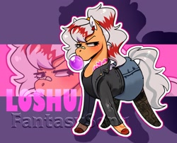 Size: 2048x1653 | Tagged: safe, artist:song_fantasy, derpibooru import, oc, oc:los hua, pony, bubblegum, clothes, ear piercing, female, food, gum, jacket, leather, leather jacket, mare, piercing, skirt, solo