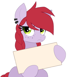 Size: 2000x2204 | Tagged: safe, artist:wingedwolf94, edit, editor:strifesnout, ponerpics import, oc, oc:crab apple, earth pony, pony, braid, freckles, frown, piercing, sad, sign, simple background, solo, template, text, transparent background, vector