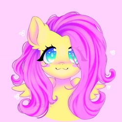 Size: 2048x2048 | Tagged: safe, artist:turquesacute, derpibooru import, fluttershy, pegasus, pony, :3, blush sticker, blushing, cute, eye clipping through hair, female, hair over one eye, high res, looking at you, mare, pink background, shyabetes, simple background, smiling, smiling at you, solo, wings