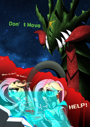 Size: 2480x3508 | Tagged: safe, artist:questionmarkdragon, derpibooru import, fluttershy, pegasus, pony, computer screen, dialogue, face mask, female, mare, mask, monster, open mouth, panicking, self paradox, self ponidox, story included, sweat