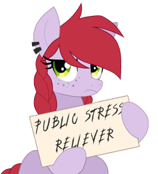 Size: 2000x2204 | Tagged: safe, artist:wingedwolf94, edit, editor:strifesnout, ponerpics import, oc, oc:crab apple, earth pony, pony, braid, freckles, frown, implied public sex, piercing, sad, sign, simple background, solo, text, transparent background, vector