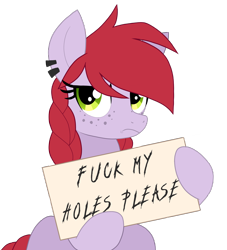 Size: 2000x2204 | Tagged: safe, artist:wingedwolf94, edit, editor:strifesnout, ponerpics import, oc, oc:crab apple, earth pony, pony, braid, freckles, frown, implied public sex, piercing, sad, sign, simple background, solo, text, transparent background, vector