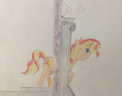 Size: 3072x2409 | Tagged: safe, artist:hoofless, derpibooru exclusive, derpibooru import, sunset shimmer, pony, unicorn, equestria girls 10th anniversary, equestria girls, colored pencil drawing, portal, solo, traditional art