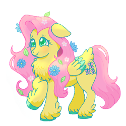 Size: 1000x1000 | Tagged: safe, artist:carabarabonanza, derpibooru import, fluttershy, pegasus, pony, blushing, chest fluff, cute, ears, female, floppy ears, flower, flower in hair, mare, shyabetes, simple background, smiling, solo, transparent background, unshorn fetlocks, wingding eyes