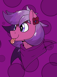 Size: 1780x2404 | Tagged: safe, artist:sefastpone, edit, editor:strifesnout, ponerpics import, oc, oc only, abstract background, bust, clothes, cute, digital art, flower, multicolored hair, raffle prize, scarf, tongue, tongue out