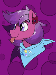 Size: 1780x2404 | Tagged: safe, artist:sefastpone, edit, editor:strifesnout, ponerpics import, oc, oc only, abstract background, bust, clothes, cute, digital art, equestrian flag, flower, multicolored hair, raffle prize, scarf, tongue, tongue out