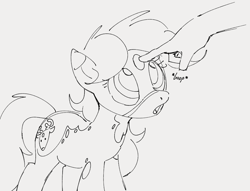 Size: 995x760 | Tagged: safe, artist:dotkwa, derpibooru import, oc, oc only, oc:deary dots, earth pony, human, pony, boop, disembodied hand, female, forehead boop, gray background, grayscale, hand, mare, monochrome, simple background, solo focus