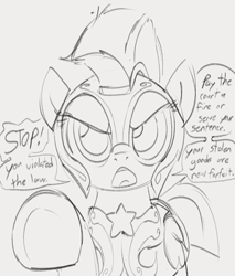 Size: 929x1090 | Tagged: safe, artist:dotkwa, derpibooru import, pegasus, pony, angry, armor, dialogue, female, gray background, grayscale, guard armor, guardsmare, mare, meme, monochrome, oblivion, open mouth, pointing at you, royal guard, scowl, simple background, sketch, solo, speech bubble, stop right there criminal scum, the elder scrolls, underhoof