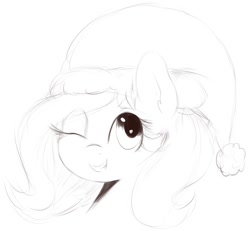 Size: 958x885 | Tagged: safe, artist:nozukz, derpibooru import, oc, oc only, oc:fizzie, earth pony, pony, bust, christmas, earth pony oc, female, hat, holiday, looking at you, mare, one eye closed, santa hat, simple background, sketch, smiling, solo, teeth, white background, wink, winking at you
