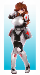 Size: 3775x7000 | Tagged: safe, artist:idatoygar, derpibooru import, oc, oc only, oc:dusty heartwood, earth pony, human, fallout equestria, adorasexy, armor, big breasts, blue eyes, breasts, brown mane, cute, doctor, facial scar, fallout equestria oc, humanized, humanized oc, medic, pigeon toed, red cross, scar, sexy, solo