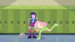 Size: 1920x1080 | Tagged: safe, derpibooru import, screencap, fluttershy, spike, spike the regular dog, twilight sparkle, dog, equestria girls, equestria girls (movie), boots, great moments in animation, lockers, running, shoes, trio