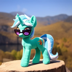 Size: 768x768 | Tagged: safe, ai content, derpibooru import, generator:purplesmart.ai, generator:stable diffusion, machine learning generated, lyra heartstrings, pony, unicorn, day, female, full body, irl, mare, outdoors, photo, plushie, prompter:nightluna, solo, standing, sunglasses, wrong cutie mark
