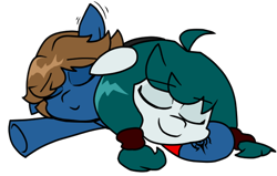 Size: 640x406 | Tagged: safe, artist:yamston, derpibooru import, oc, oc only, oc:babel yarn, oc:roxxy bleak, earth pony, pony, fanfic:living the dream, brown mane, clothes, cuddling, duo, duo female, eyes closed, fanfic art, female, green mane, hoodie, mare, oc x oc, pigtails, shipping, simple background, sleeping, transparent background