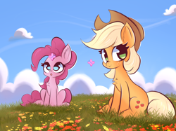 Size: 2732x2048 | Tagged: safe, artist:thebigstuff89, derpibooru import, applejack, pinkie pie, butterfly, earth pony, pony, applejack's hat, chest fluff, clothes, cloud, cowboy hat, cute, diapinkes, duo, female, flower, grass, hat, high res, jackabetes, looking at something, looking at you, mare, open mouth, sitting, sky, smiling, smiling at you