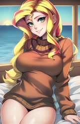 Size: 864x1339 | Tagged: safe, ai content, derpibooru import, editor:sammykun, machine learning generated, sunset shimmer, human, equestria girls, beautiful, bed, bed sheets, big breasts, breasts, clothes, female, humanized, lips, long hair, looking at you, no pants, ocean, on bed, oversized clothes, prompter:sammykun, smiling, smiling at you, solo, stupid sexy sunset shimmer, sunset jiggler, sweater, teeth, thighs, water, window