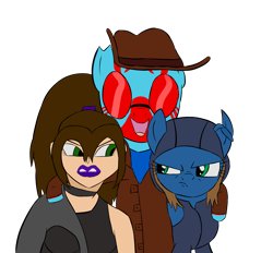 Size: 2522x2342 | Tagged: safe, artist:scratchag, derpibooru import, oc, oc:bronwyn pendragon, oc:lance greenfield, oc:scamp, human, pegasus, pony, zebra, choker, clothes, cowboy hat, female, glare, goggles, green eyes, group photo, hat, hood, lipstick, male, mare, oblivious, ponytail, red stripes, simple background, smiling, stallion, transparent background, trio, zebra oc