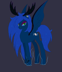 Size: 3000x3500 | Tagged: safe, artist:scratchag, derpibooru import, oc, oc only, oc:scayla, alicorn, pony, fanfic:living the dream, 2022, antlers, blue mane, blue sclera, cutie mark, ear piercing, ethereal mane, fanfic art, fusion, green eyes, lip piercing, looking at you, nose piercing, piercing, simple background, solo, spread wings, starry mane, tattoo, wings