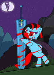 Size: 1404x1936 | Tagged: safe, artist:scratchag, derpibooru import, oc, oc:lacy greenfield, pegasus, pony, zebra, fanfic:living the dream, bipedal, cape, clothes, fanfic art, female, grass, mare, moon, mountain, night, red eyes, red stripes, solo, starry night, stars, stripes, sword, tail, torn ear, two toned mane, weapon, zebra oc