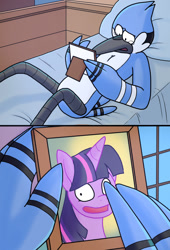 Size: 872x1280 | Tagged: safe, artist:blueballs, derpibooru import, twilight sparkle, bird, blue jay, pony, unicorn, bed, crossover, crossover shipping, crying, female, lying down, lying on bed, male, mordecai, mordetwi, on bed, parody, regular show, shipping, straight, wolverine crush