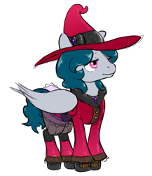 Size: 1395x1604 | Tagged: safe, artist:multiverseequine, derpibooru exclusive, derpibooru import, oc, oc only, oc:angel winds, pegasus, pony, clothes, coat, colored, daybreak island, fancy, female, full body, hat, lace, mare, pegasus oc, quadruped, shoes, simple background, smiling, solo, transparent background, wings, witch hat