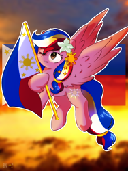 Size: 768x1024 | Tagged: safe, artist:diniarvegafinahar, derpibooru import, oc, oc only, oc:pearl shine, pegasus, pony, female, flag, flower, flower in hair, flying, mare, nation ponies, one eye closed, philippines, sky, solo, stars, sunset, wings