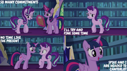 Size: 2000x1125 | Tagged: safe, derpibooru import, edit, edited screencap, editor:quoterific, screencap, starlight glimmer, twilight sparkle, twilight sparkle (alicorn), alicorn, pony, unicorn, every little thing she does, duo, duo female, female, implied spike, magic, mare, telekinesis, twilight's castle