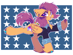 Size: 1150x860 | Tagged: safe, artist:mirtash, edit, editor:strifesnout, ponerpics import, scootaloo, pegasus, pony, alternate cutie mark, bandaid, bandaid on nose, cute, cutealoo, ear piercing, earring, equestrian flag, grin, jewelry, older, older scootaloo, piercing, simple background, smiling, solo, unshorn fetlocks