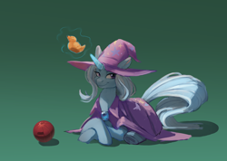 Size: 2000x1426 | Tagged: safe, artist:gela-g-i-s-gela, derpibooru import, trixie, pony, unicorn, ball, cape, clothes, gradient background, hat, magic, rubber duck, solo, telekinesis, trixie's cape, trixie's hat