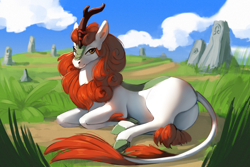 Size: 3000x2000 | Tagged: safe, artist:gela-g-i-s-gela, derpibooru import, autumn blaze, kirin, blazebutt, butt, female, field, grass, hoers, lying down, plot, sky, solo