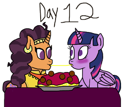 Size: 3455x3000 | Tagged: safe, artist:bigpurplemuppet99, derpibooru import, saffron masala, twilight sparkle, twilight sparkle (alicorn), alicorn, blushing, female, food, lesbian, pasta, shipping, simple background, spaghetti, transparent background, twiffron