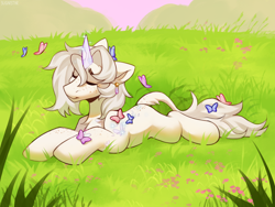 Size: 4000x3000 | Tagged: safe, artist:sugarstar, derpibooru import, oc, butterfly, pony, unicorn, eyes closed, flower, grass, grass field, lying down, smiling, solo