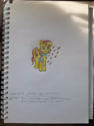 Size: 2849x3781 | Tagged: safe, artist:pink amena, derpibooru import, sunset shimmer, pony, unicorn, equestria girls 10th anniversary, atg 2020, autumn leaves, colored pencil drawing, leaves, newbie artist training grounds, solo, traditional art