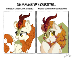 Size: 1280x1028 | Tagged: safe, artist:coarfdraw, derpibooru exclusive, derpibooru import, autumn blaze, kirin, awwtumn blaze, blushing, challenge, cute, drawing meme, ear fluff, ears, female, golden eyes, horn, looking at you, open mouth, raised hoof, raised leg, rearing, show accurate, simple background, smiling, smiling at you, solo, white background