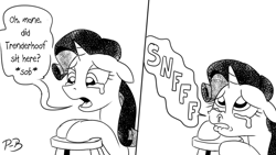 Size: 1200x675 | Tagged: safe, artist:pony-berserker, derpibooru import, rarity, pony-berserker's twitter sketches, female, implied trenderhoof, monochrome, pony-berserker's twitter sketches (2023), simple background, sniffing, solo, stool, white background