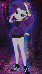 Size: 1179x2048 | Tagged: safe, artist:flutteryaylove, derpibooru import, rarity, equestria girls 10th anniversary, equestria girls, clothes, crown, dress, forest, forest background, gala dress, glowing, jewelry, legs, looking at you, regalia, smiling