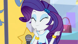 Size: 3072x1727 | Tagged: safe, derpibooru import, screencap, rarity, human, dance magic, equestria girls, spoiler:eqg specials, bracelet, canterlot mall, cute, eyes closed, female, hairpin, jewelry, raribetes, smiling, solo