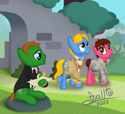 Size: 2681x2448 | Tagged: safe, artist:tidmouthmilk12, derpibooru import, doctor whooves, perfect pace, earth pony, pony, atg 2023, blazer, castle, clothes, doctor who, drawing, dress, ear piercing, earring, fifth doctor, frock coat, fur coat, jewelry, jumper, necktie, newbie artist training grounds, open coat, pencil, piercing, ruins, shirt, suit, tegan jovanka, the five doctors, uniform, vislor turlough