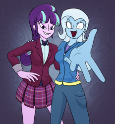 Size: 1794x1932 | Tagged: safe, artist:moonatik, derpibooru import, starlight glimmer, trixie, human, equestria girls 10th anniversary, equestria girls, abstract background, bowtie, breasts, clothes, crystal prep academy uniform, cuffs (clothes), eyeshadow, female, hand, hand on hip, hoodie, lesbian, looking at you, makeup, pants, pleated skirt, s5 starlight, school uniform, shipping, shirt, skirt, startrix