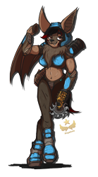 Size: 1500x2700 | Tagged: safe, alternate version, artist:alquimis, derpibooru import, oc, oc only, oc:rouse black, anthro, bat pony, semi-anthro, arm hooves, armor, bat wings, breasts, female, gun, hooves, mane, quake, rocket launcher, saw, simple background, solo, transparent background, weapon, wings