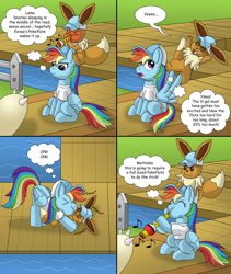 Size: 822x972 | Tagged: safe, artist:gameboysage, derpibooru import, rainbow dash, fox, pegasus, pony, ><, blowing flute, cpr, cute, dashabetes, duo, duo female, eevee, eyes closed, fainted, female, female focus, flute, kiss on the lips, mare, musical instrument, pokeflute, pokémon, pokémon trainer, puffy cheeks, rainblow dash, red face, snorlax, solo focus, swirly eyes, trainer