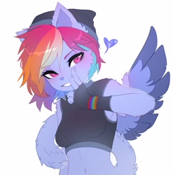 Size: 2796x2825 | Tagged: safe, artist:magnaluna, derpibooru import, rainbow dash, anthro, cat, beanie, catified, clothes, female, fingerless gloves, gloves, hat, heart, midriff, one wing out, simple background, solo, species swap, white background, wings