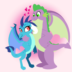 Size: 1400x1400 | Tagged: safe, artist:mlplary6, derpibooru import, princess ember, spike, dragon, duo, emberspike, female, heart, looking at each other, looking at someone, love, male, older, older spike, shipping, smiling, smiling at each other, straight, winged spike, wings