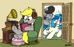 Size: 2412x1521 | Tagged: safe, artist:bobthedalek, derpibooru import, dj pon-3, vinyl scratch, oc, oc:mixed melody, oc:octavia's father, oc:octavia's mother, oc:ostinato melody, earth pony, pony, unicorn, atg 2023, book, booties, chair, female, gramophone, headphones, husband and wife, male, mare, married couple, mothers gonna mother, mouth hold, newbie artist training grounds, non-consensual dressing, oblivious, screaming, smiling, stallion, trio