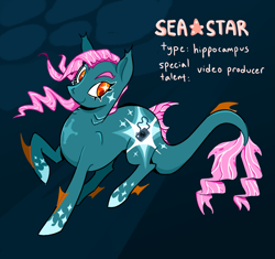 Size: 2047x1927 | Tagged: safe, artist:cracklewink, derpibooru import, oc, oc only, oc:sea star, hippocampus, merpony, original species, pony, dorsal fin, eyelashes, female, fin, fins, flowing mane, flowing tail, ocean, smiling, solo, swimming, tail, underwater, water