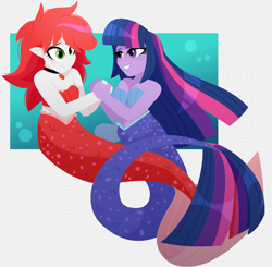 Size: 1206x1184 | Tagged: safe, artist:skulljooce, derpibooru import, sci-twi, twilight sparkle, oc, oc:pearl rose, mermaid, equestria girls, bubble, duo, eyelashes, female, fish tail, flowing hair, flowing mane, holding hands, looking at each other, looking at someone, mermaid sci-twi, mermaid tail, mermaidized, ocean, smiling, smiling at each other, species swap, swimming, tail, underwater, water