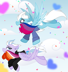 Size: 4278x4512 | Tagged: safe, artist:feather_bloom, derpibooru import, oc, oc only, oc:feather_bloom, oc:silver haze(kaitykat), pegasus, pony, bisexual pride flag, clothes, confetti, detailed background, duo, ear piercing, earring, flying, jacket, jewelry, lesbian pride flag, piercing, pride, pride flag, sky