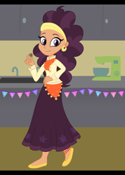 Size: 2768x3890 | Tagged: safe, artist:sjart117, derpibooru import, saffron masala, human, equestria girls 10th anniversary, equestria girls, bunting, clothes, ear piercing, earring, equestria girls-ified, female, jewelry, kitchen, long skirt, looking at you, piercing, skirt, solo