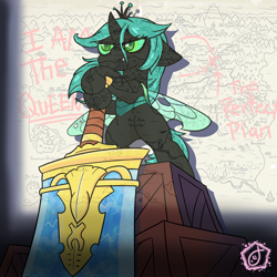 Size: 2000x2000 | Tagged: safe, artist:swishyfishy4308, artist:underwoodart, derpibooru import, queen chrysalis, changeling, changeling queen, equestria daily, female, map of equestria, newbie artist training grounds, solo, sword, weapon